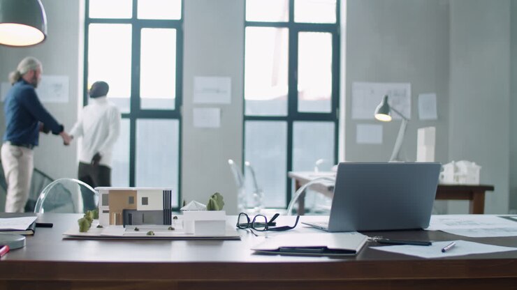 Scrivania da ufficio di architetto con modello di edificio e laptop