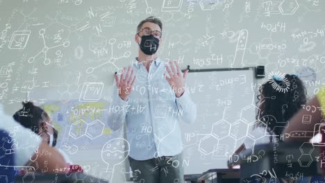 animation of chemical equations over diverse schoolchildren and teacher wearing face masks