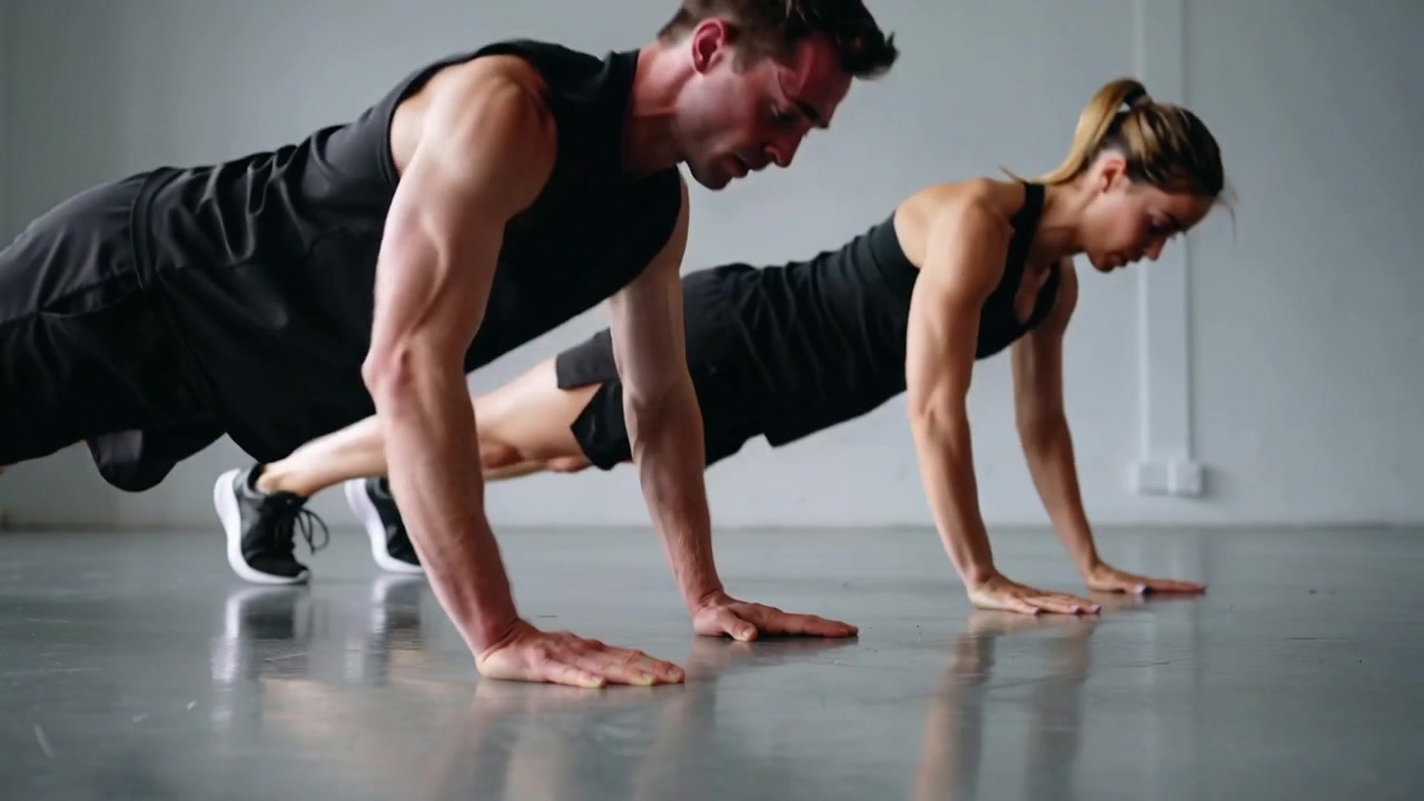 Coppia in abbigliamento nero che inizia un push-up basso, mantenendo la posizione di plank e allungando un braccio sul pavimento dello studio per il fitness.