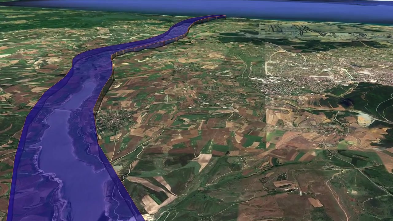 Vista aérea de la ruta propuesta para un canal sobre el paisaje