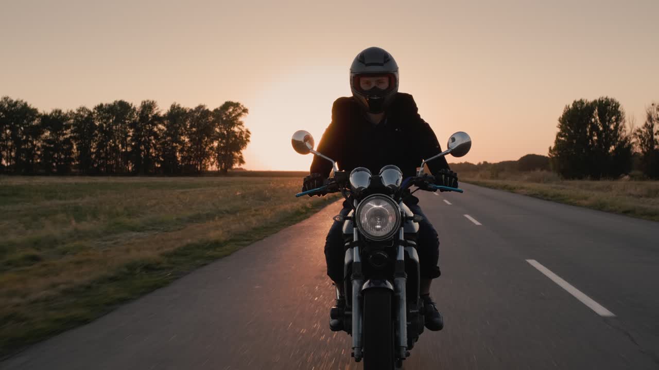 Motociclista in sella nei raggi del sole al tramonto sull'autostrada. Concetto di fuga