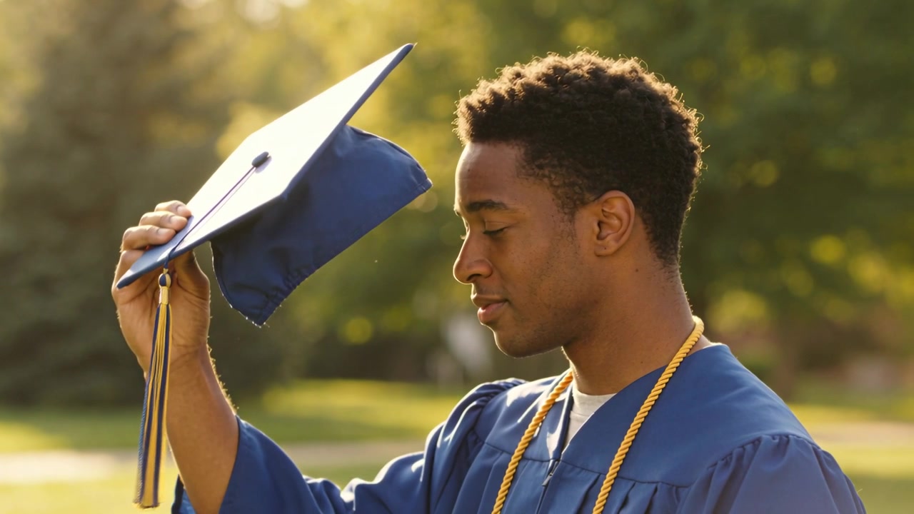Lifting grad in blue gown, gold cords checking cap, preparing placement on sunlit lawn, copy space