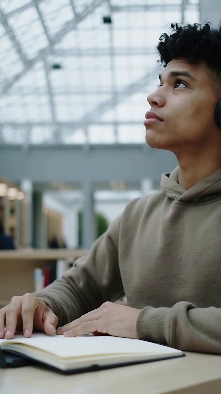 Vertical video: Flipping notes, hoodie teen with headset pausing, reflecting at library, copy space