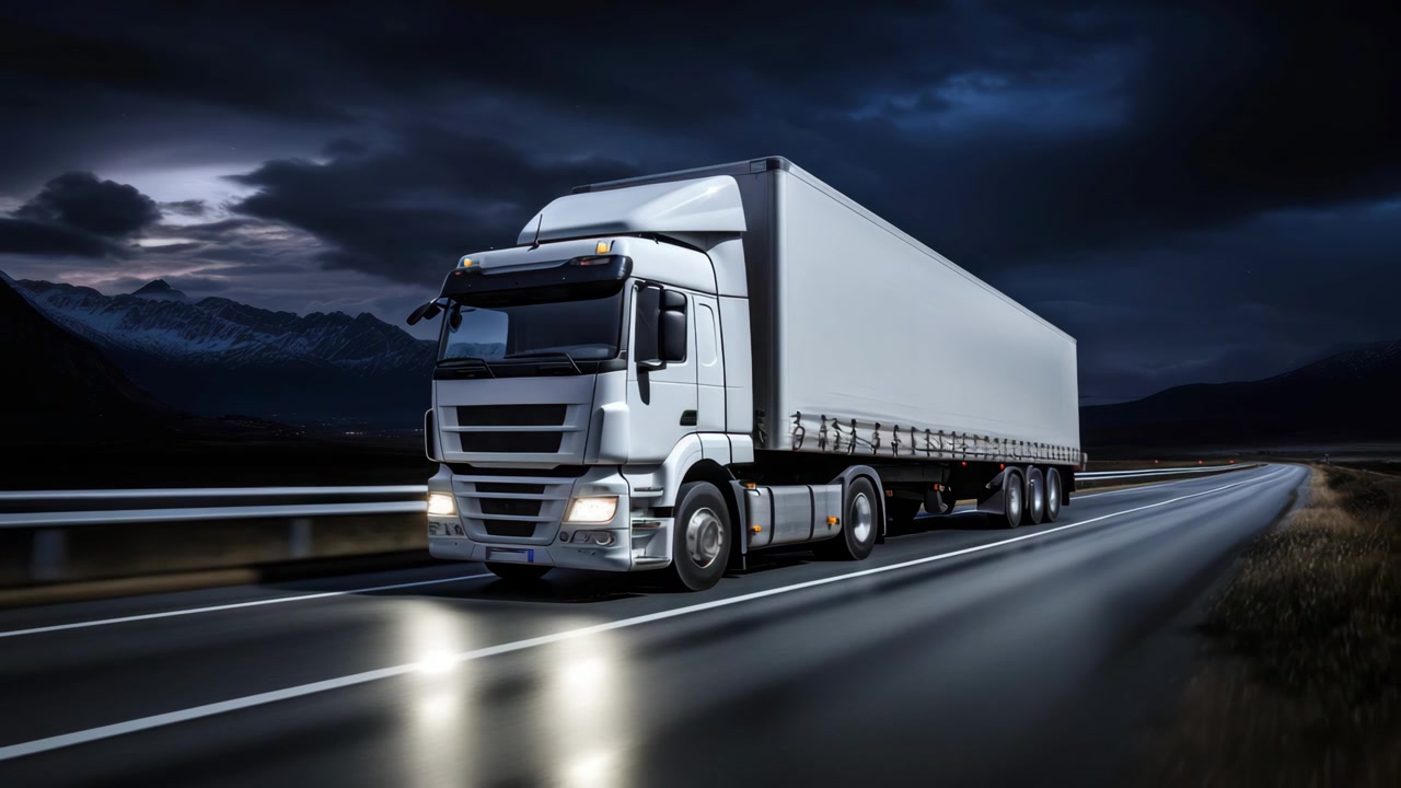 Camion bianco che guida in autostrada di notte