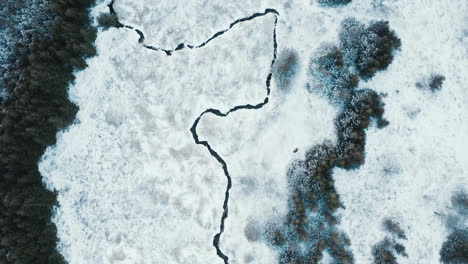 volando sobre un hermoso paisaje de bosque invernal con un río sinuoso