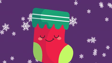 Animation-Von-Weihnachtlich-Lächelnden-Weihnachtsstrümpfen-Und-Schneeflocken,-Die-über-Violetten-Hintergrund-Fallen