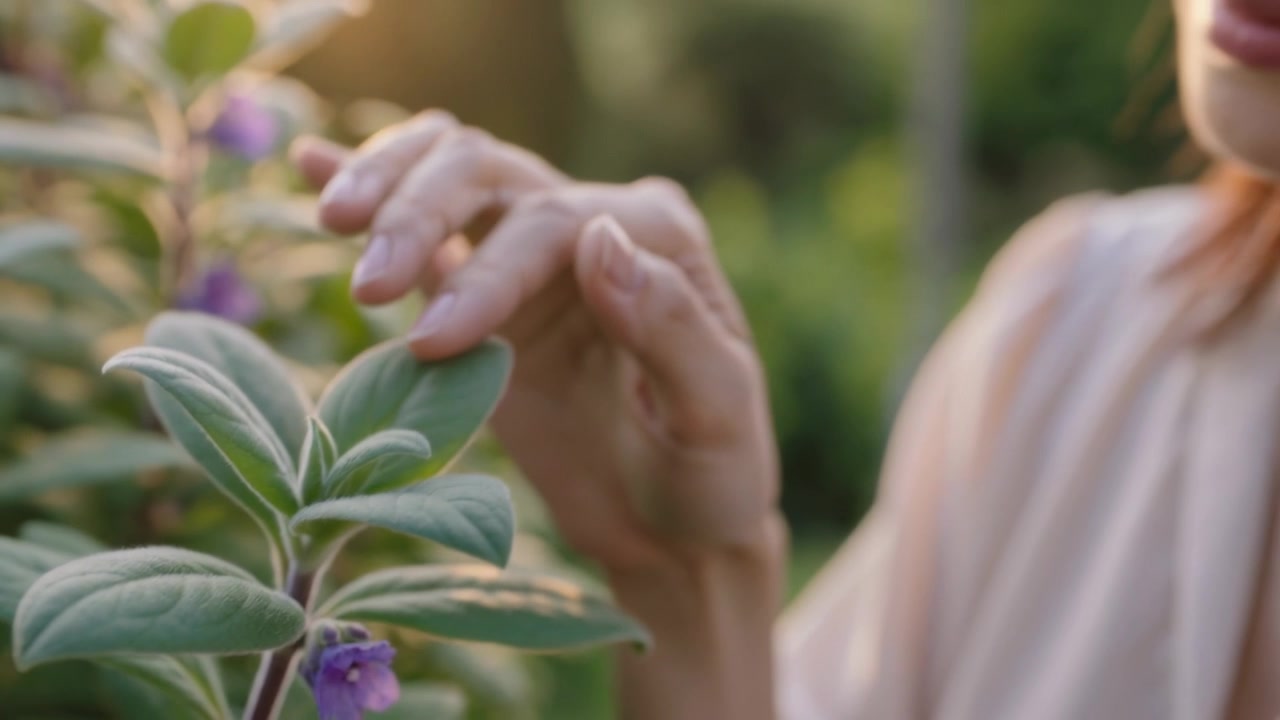 Una mano si avvicina a una donna che ispeziona una pianta pelosa con fiori viola in giardino, mentre indossa un top.