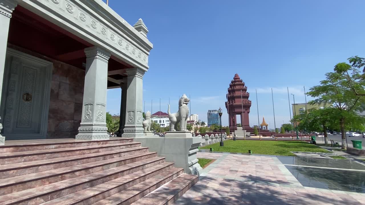 Phnom Penh city historical landmark Constitution monument Khmer style sculptures and carvings west of Independence Monument, Gimbal shot, Closeup