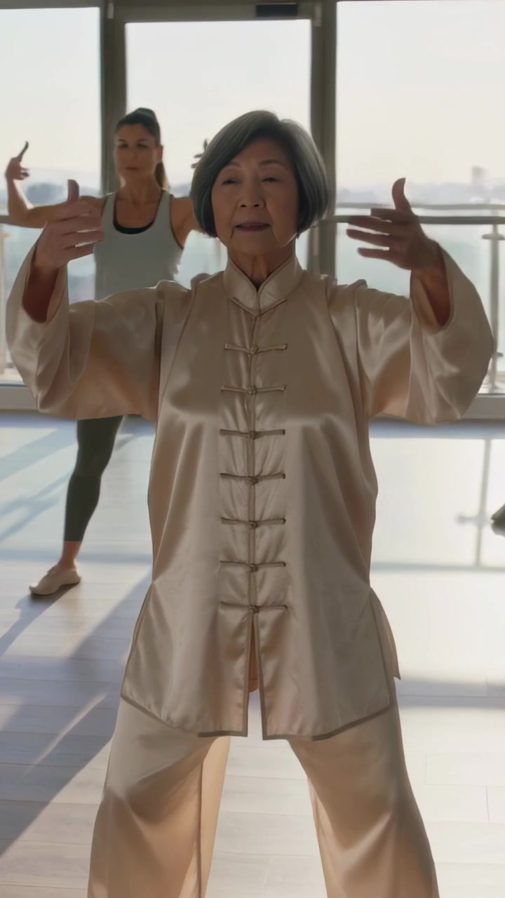 Video vertical: Mujer asiática mayor iniciando clase, dirigiendo Tai Chi lento en estudio con ventanas, satén.