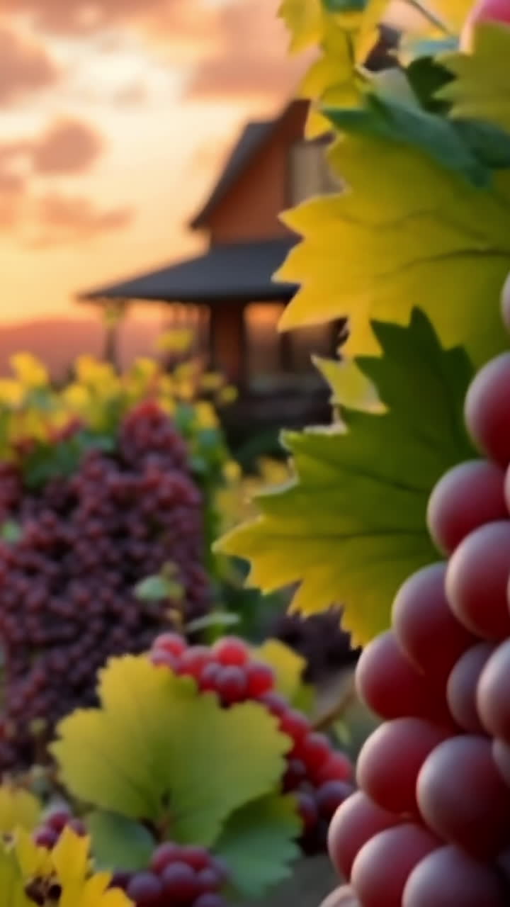 Sunset over a vineyard with ripe grapes. Ripe grapes hang from vines in a vineyard as the sun sets, casting a warm glow over the landscape.