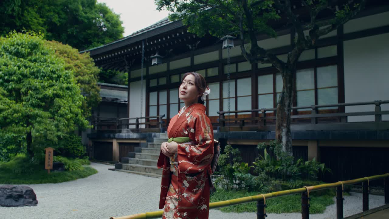 Woman in Kimono at a Japanese Temple Garden