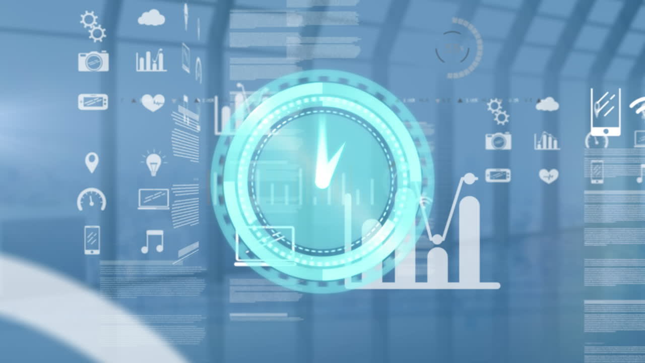 animación de reloj digital sobre múltiples iconos, textos, círculos de carga en un fondo abstracto.