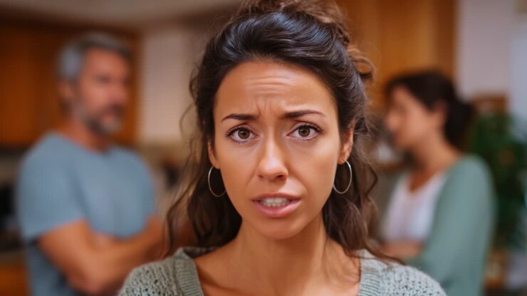 A tense moment captured in this video frames depicting a troubled woman caught in an emotional confrontation between two other individuals in a domestic setting