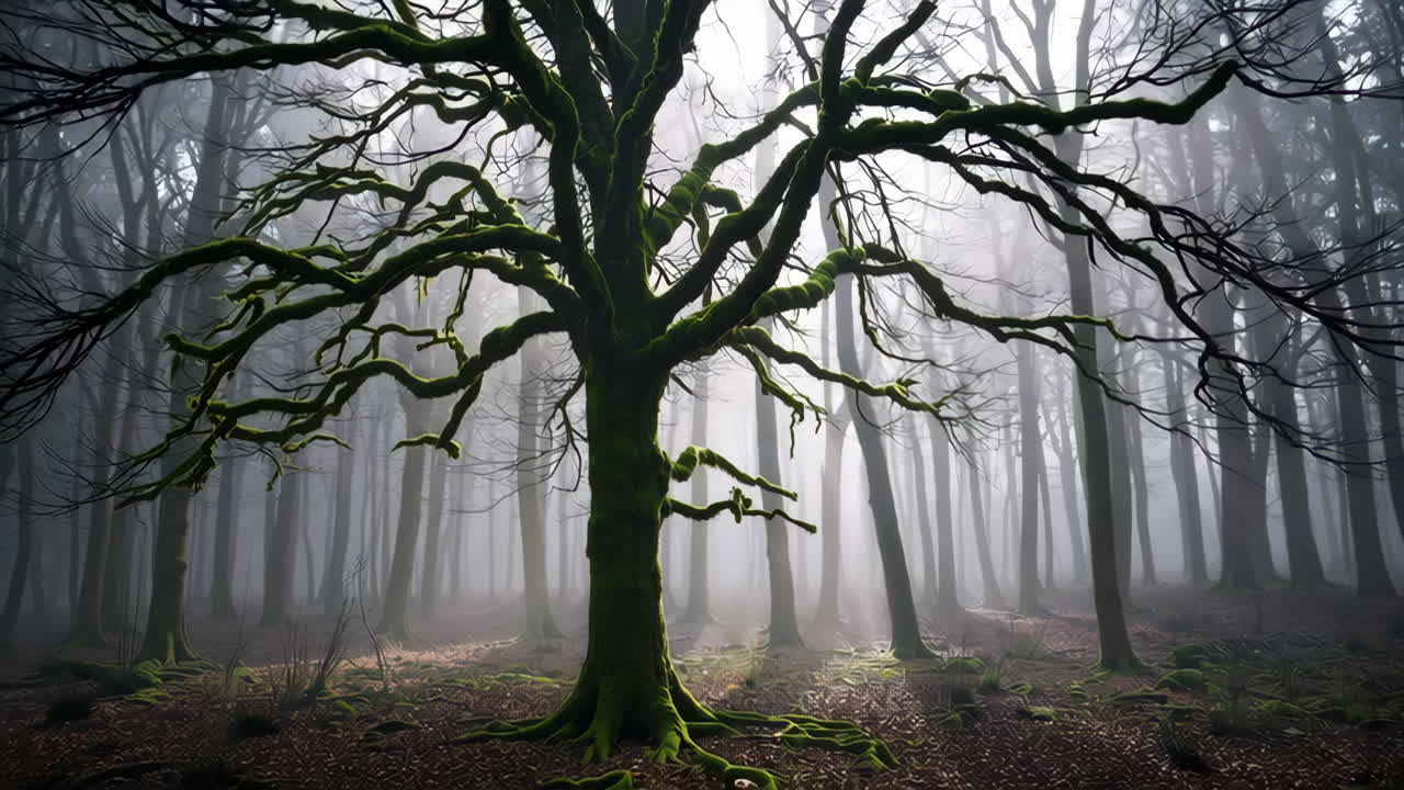 Mysterious Foggy Forest with Mossy Tree