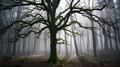 mysterious foggy forest with mossy tree