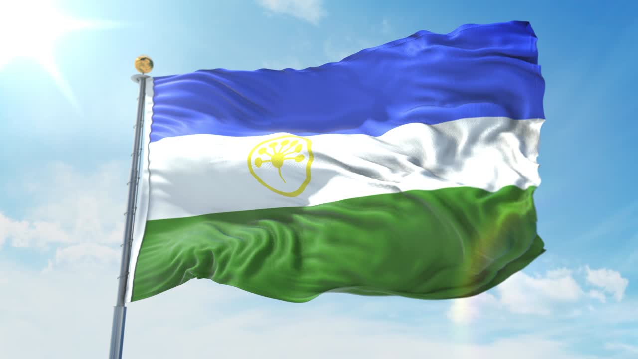 바쉬코르토스탄의 발이 깊은 파란 하늘을 배경으로 바람에 흔들리는 국가 테마, 국제 개념, 3d 렌더링