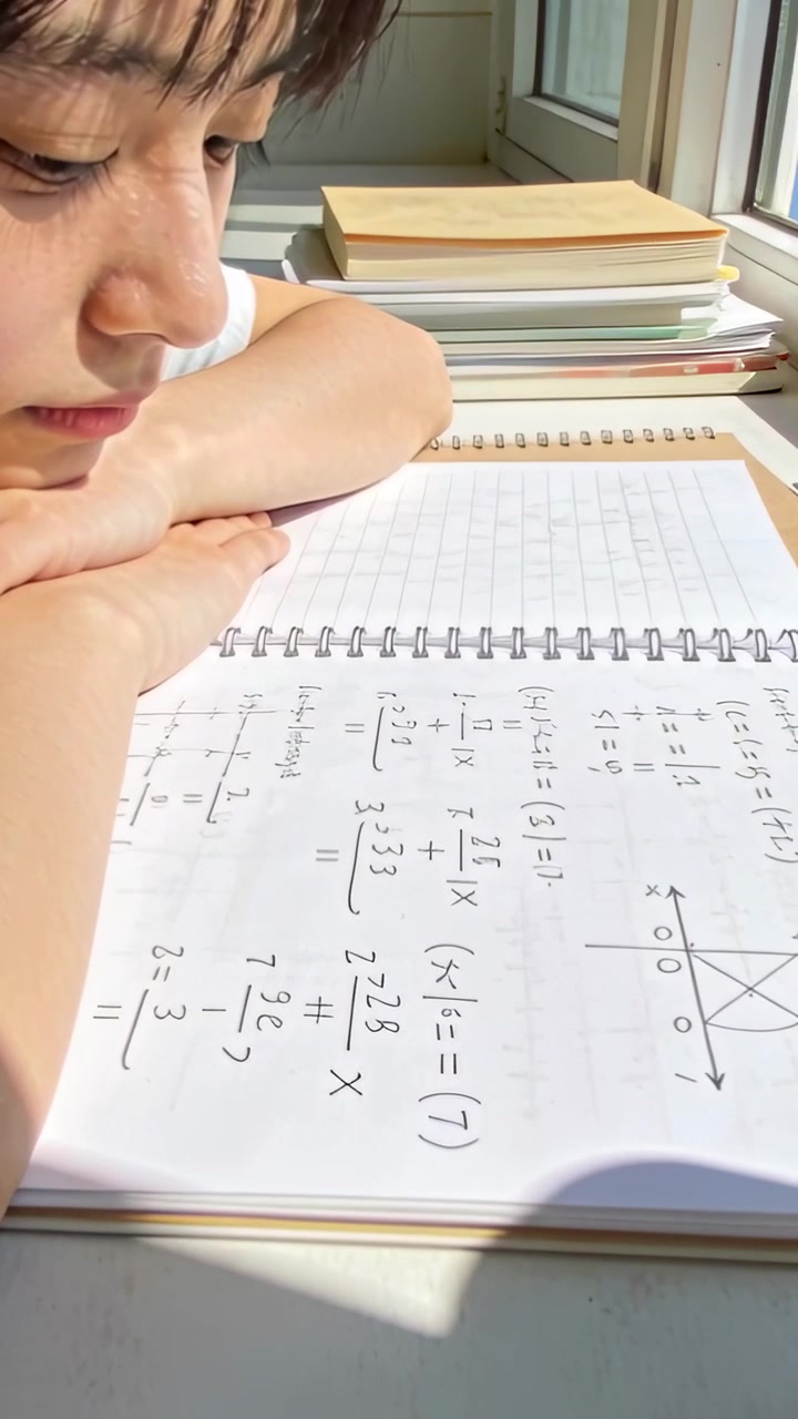 Vertical video: Resting on folded arms, teen studying math in spiral notebook by window, copy space