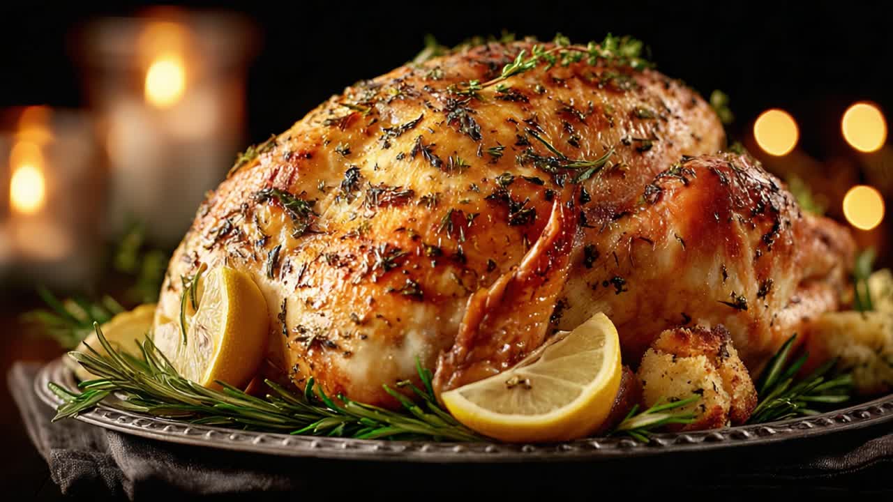 Succulent Roast Chicken Garnished with Fresh Herbs and Lemon, Perfectly Cooked to Golden Brown Perfection, Ideal for Celebrations or Family Gatherings
