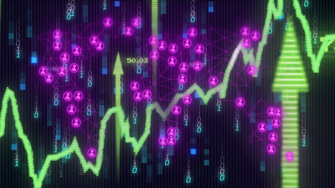 gráfico del mercado de valores con código binario y animación de conexiones de red
