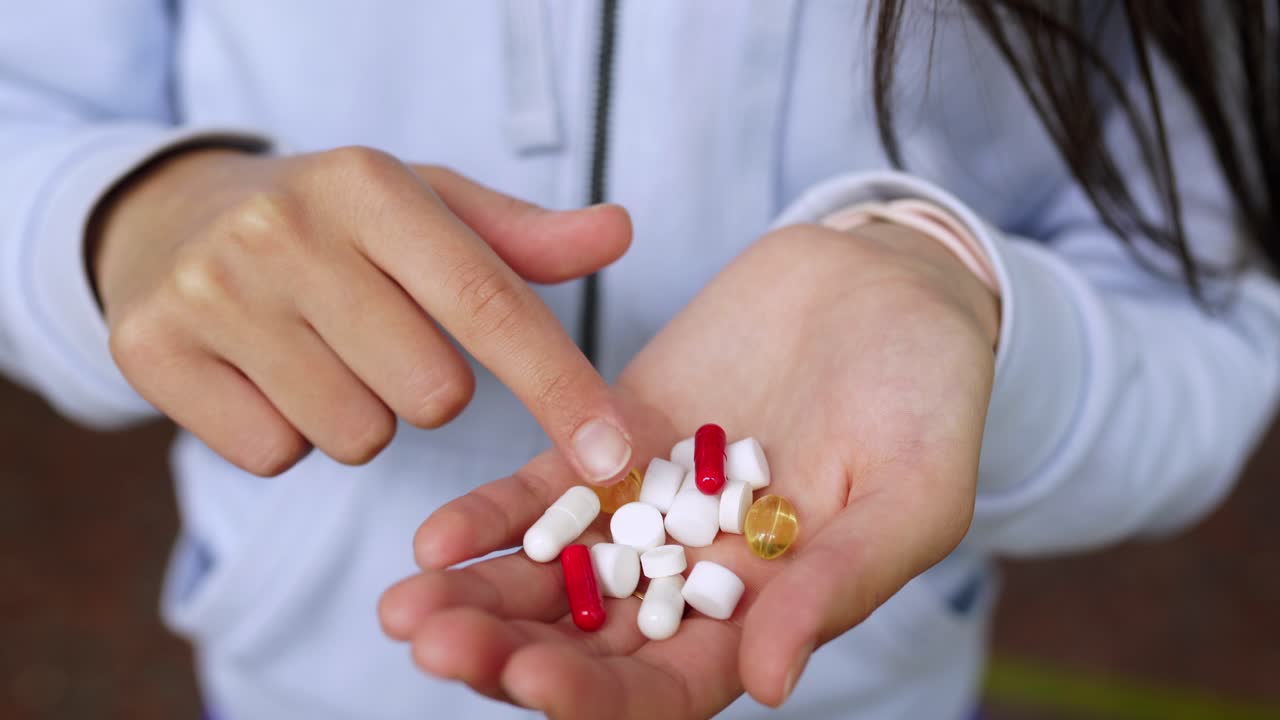 mujer con varias pastillas en la mano