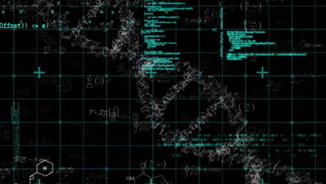 Animation-of-dna-strand-with-digital-data-processing-over-black-background