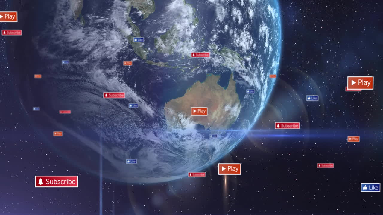 animação de notificações de redes sociais processadas em todo o mundo no espaço