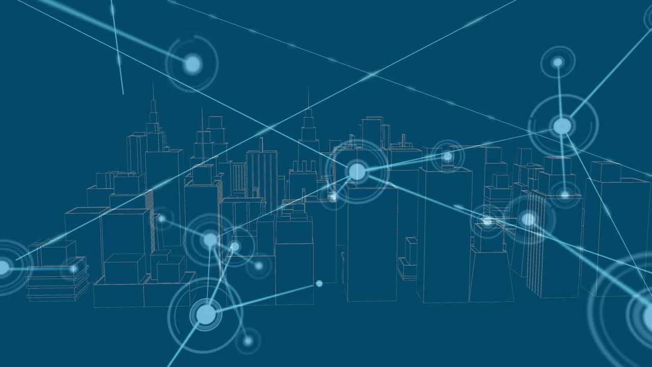 Animation of network of connections and data processing over city on blue background