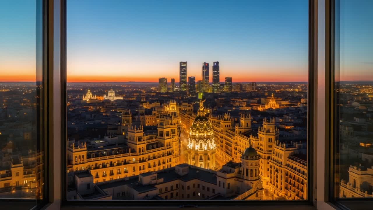 Stunning Overlook of a Vibrant Cityscape at Dusk: Illuminated Buildings and a Colorful Horizon from a Tall Structure's Window