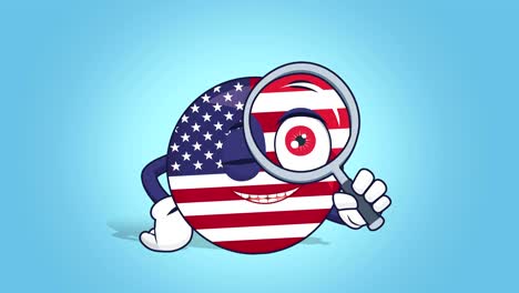 cartoon usa icon flag united states of america look through a magnifying glass with face animation