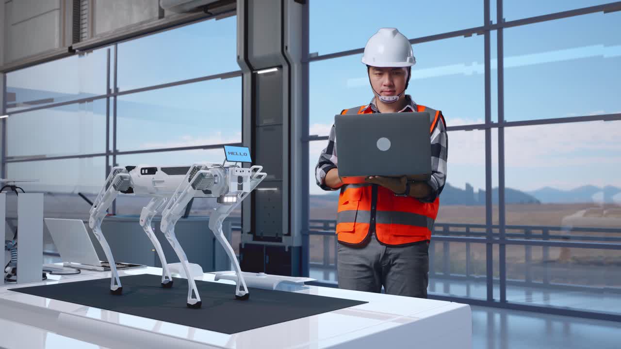 cuerpo lleno de ingeniero masculino asiático con casco de seguridad trabajando en una computadora portátil mientras estaba de pie en una fábrica de alta tecnología, analizando el concepto de máquina robótica