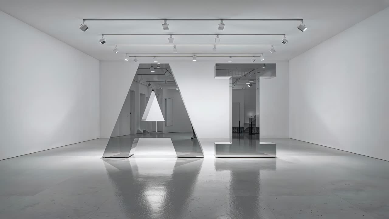 Panning camera revealing mirror letter A and letter I forms in gallery, highlighting architecture