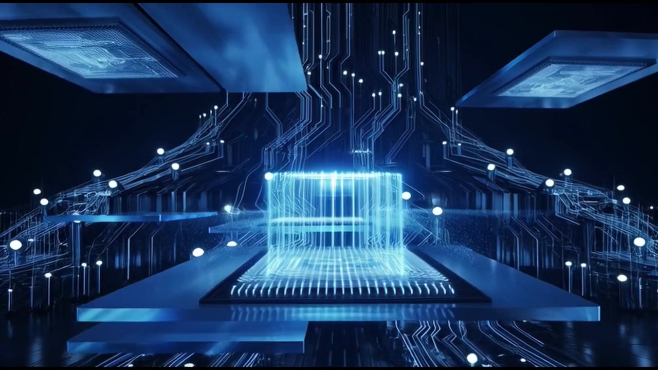 Digital Circuit Board with Glowing Data Processing and Holographic Cube