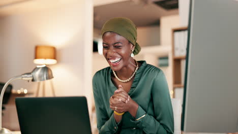 Winning,-yes-and-happy-woman-on-laptop-in-night