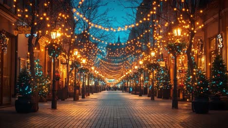festive city street decorated with christmas lights