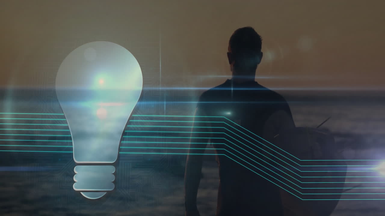 Surfer walking towards ocean with light bulb and digital lines overlay animation