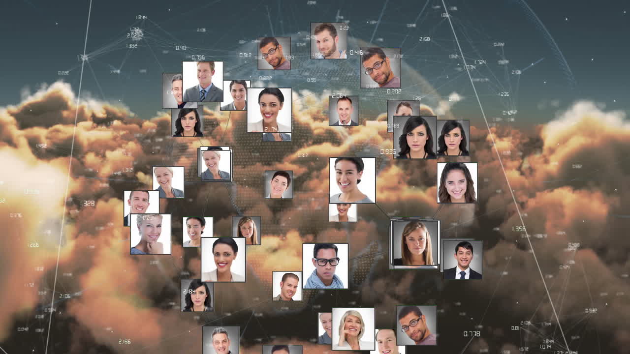 Digital network and cloud animation with diverse people in collage format