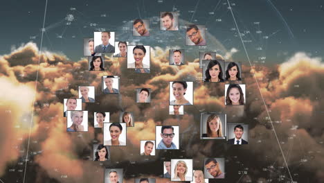 digital network and cloud animation with diverse people in collage format