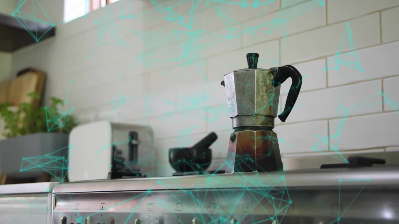 Camera pushing, shifting focus as turquoise overlay drifting, moka pot filling frame showing patina