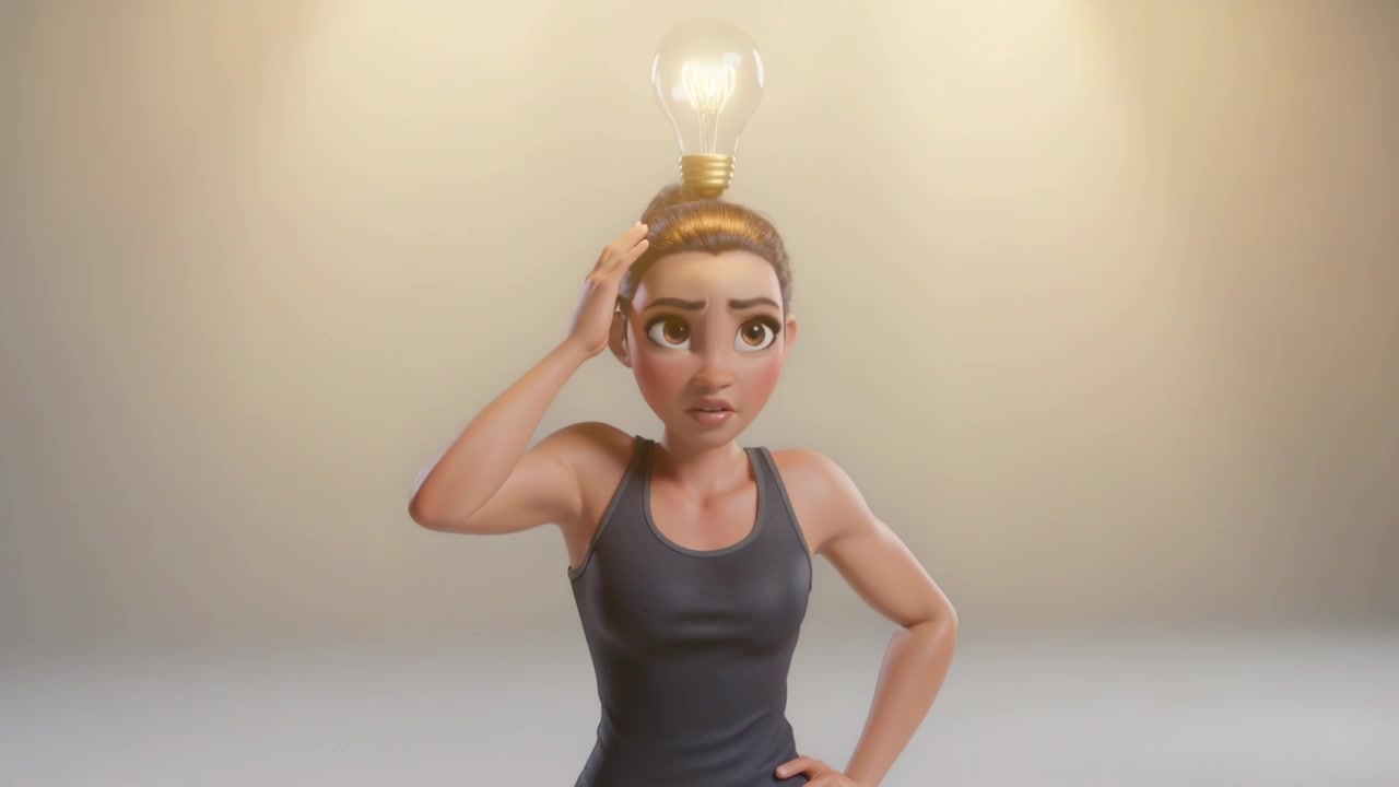 Donna animata che reagisce, passando da perplessa a un'idea in un completo grigio mentre appare una lampadina, riflettore sulla canotta