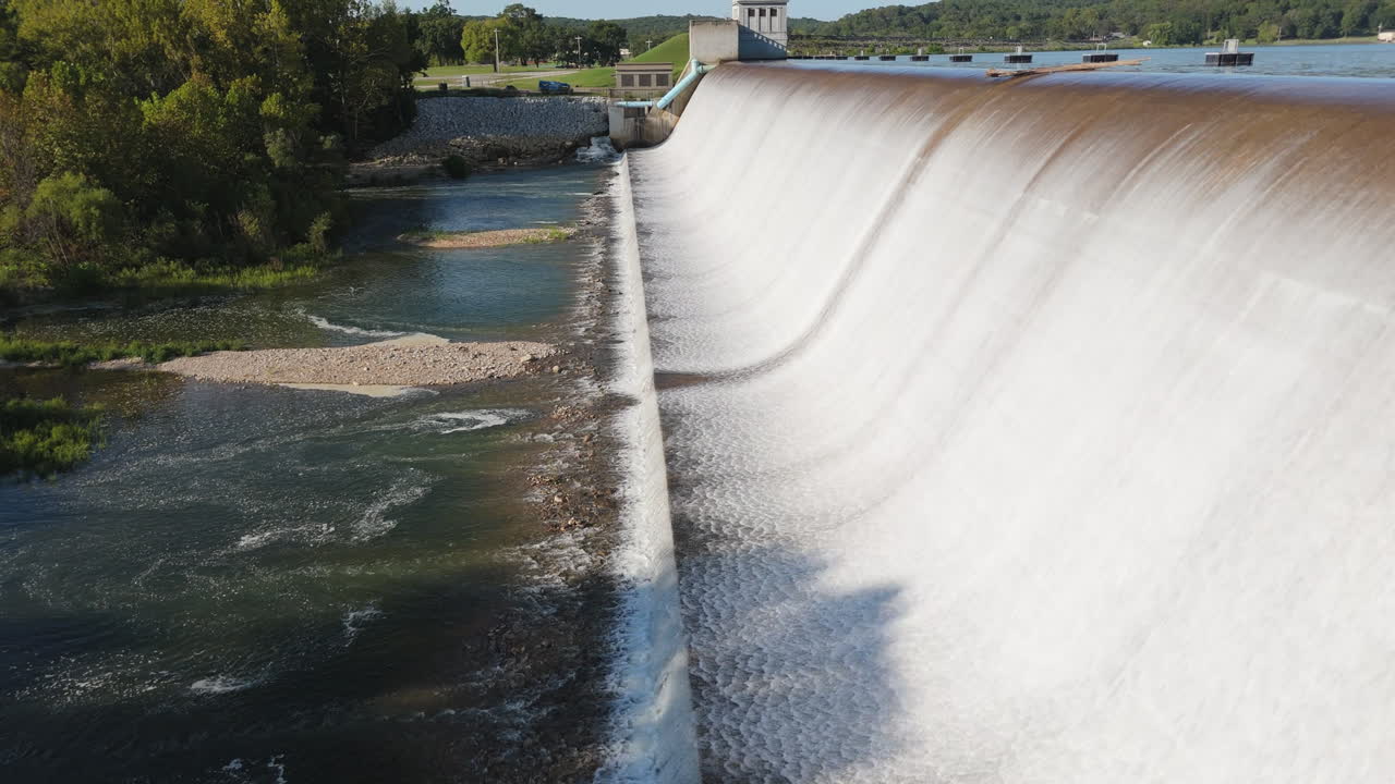 Spavinaw Spillway Flowing Water In Oklahoma, United States - Drone Shot