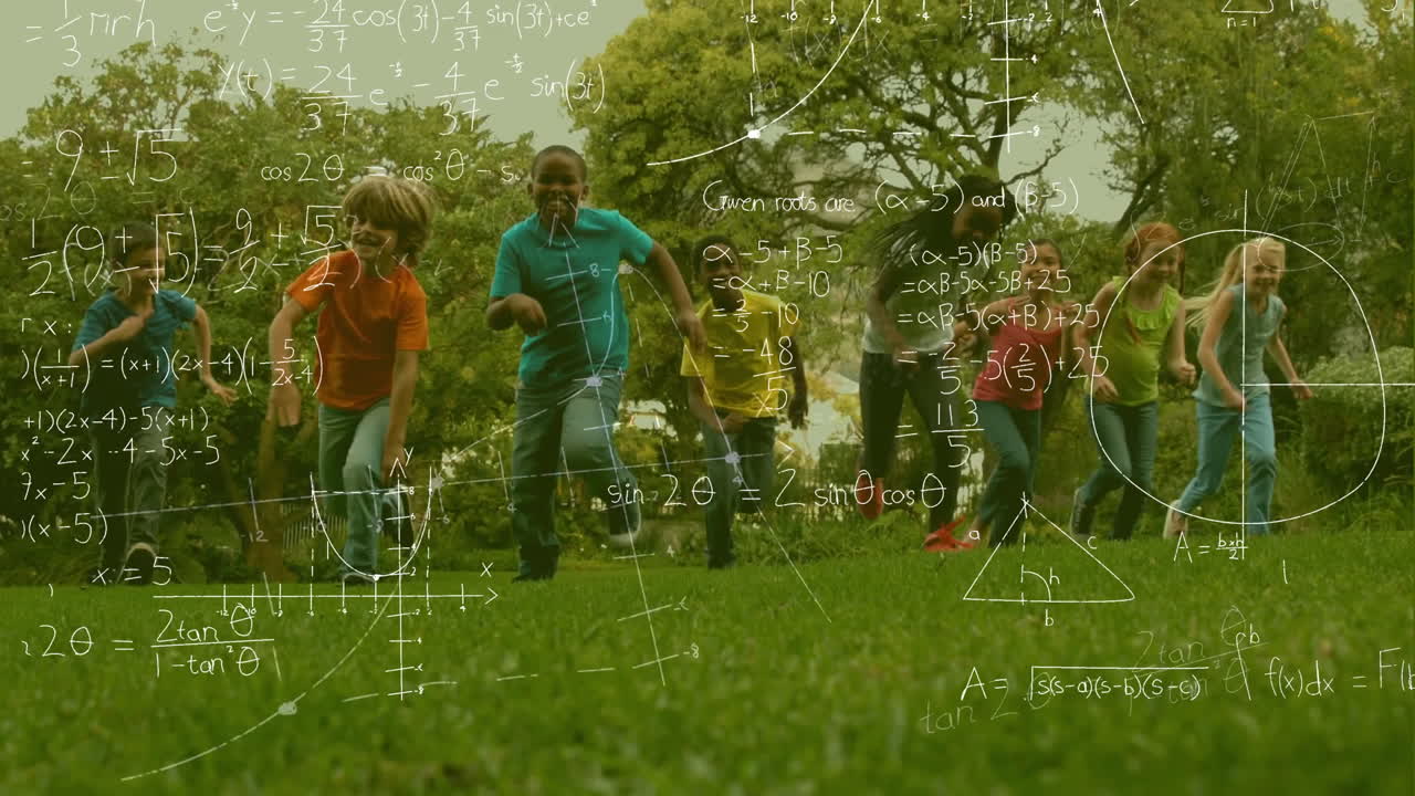 Schoolchildren running in the park