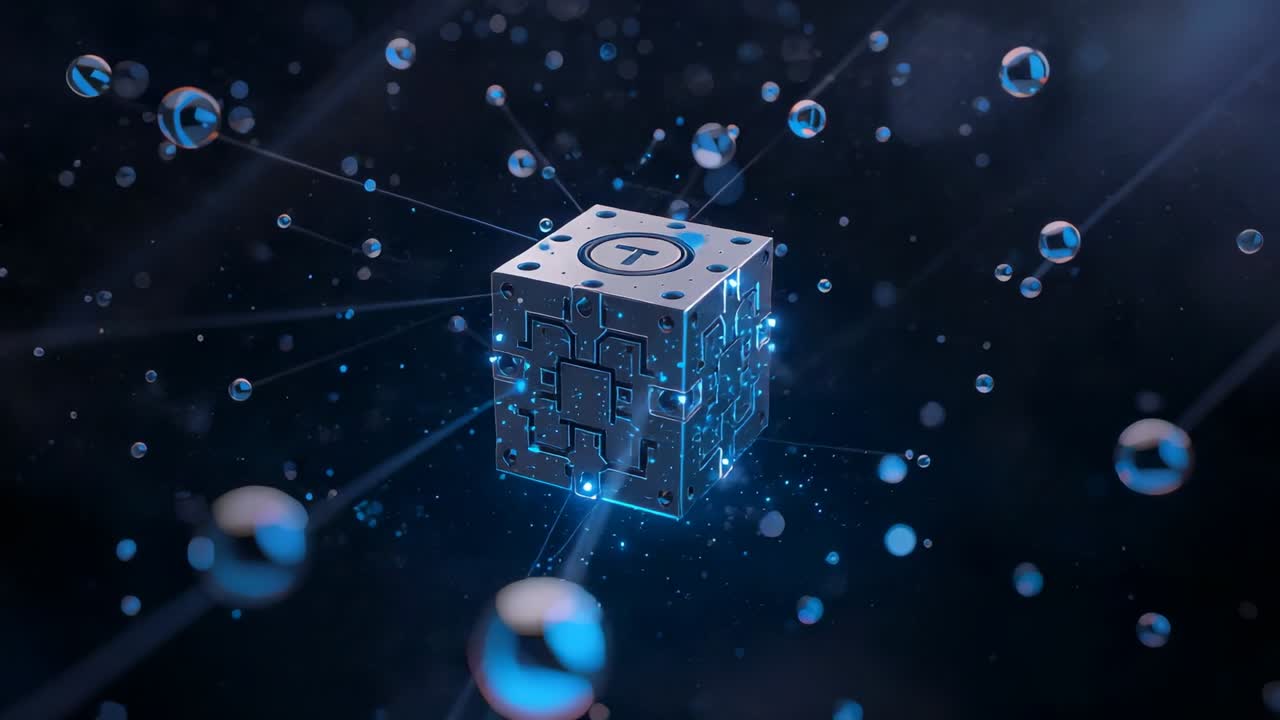 Appearing metallic cube rotating linking orbs with pulsing beams in dark digital void, networking