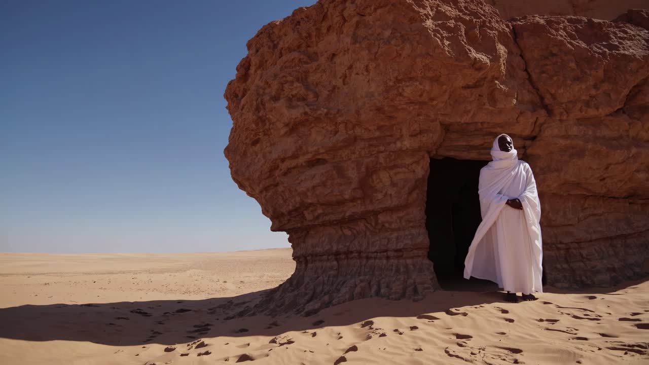 Monk wearing traditional white clothes standing in the entrance of a cave in the Sahara Desert, contemplating the vast and desolate landscape under the scorching sun