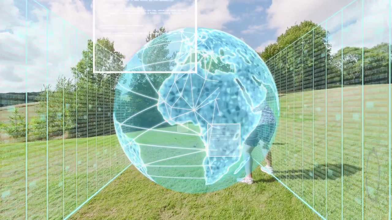 Woman preparing shot on fairway, starting hologram overlaying players with AR UI for analyzing shot