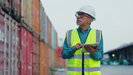 worker inspecting containers at a cargo terminal