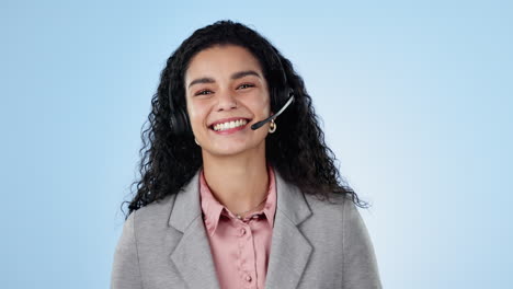 Call-center,-woman-and-face-in-studio-for-customer