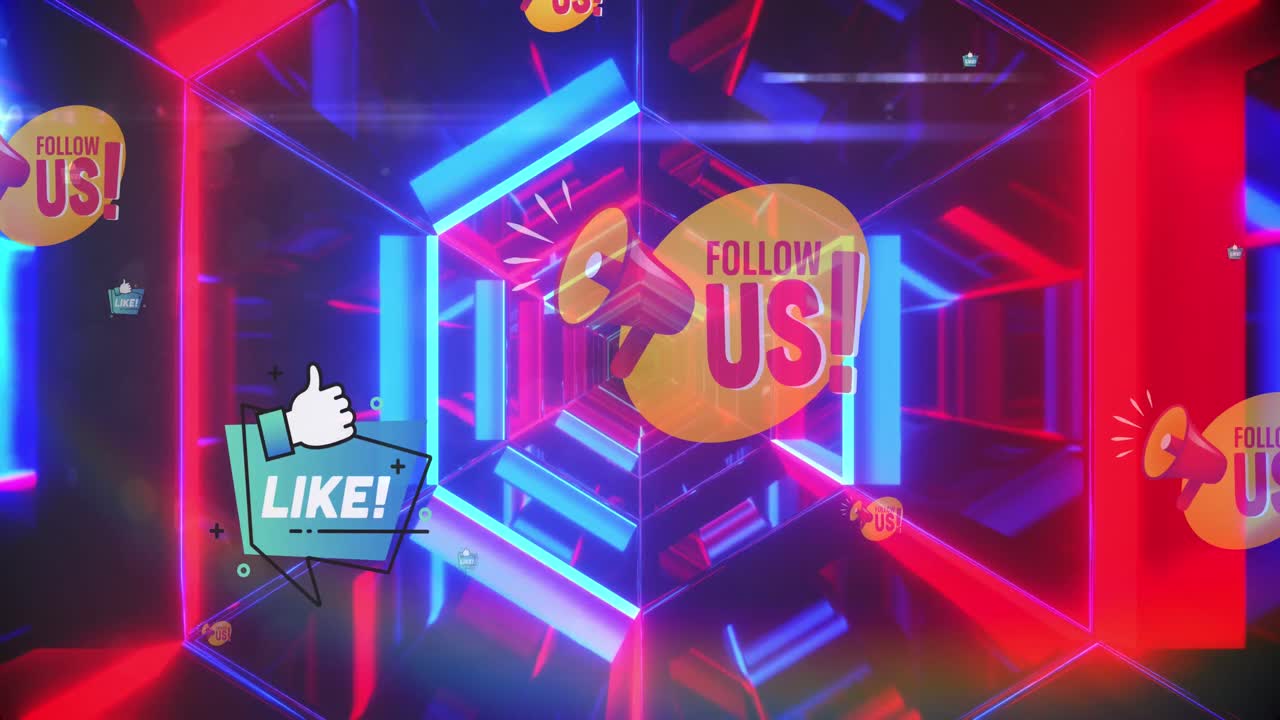 Animazione di reazioni dei social media su un tunnel fatto di luci al neon in movimento