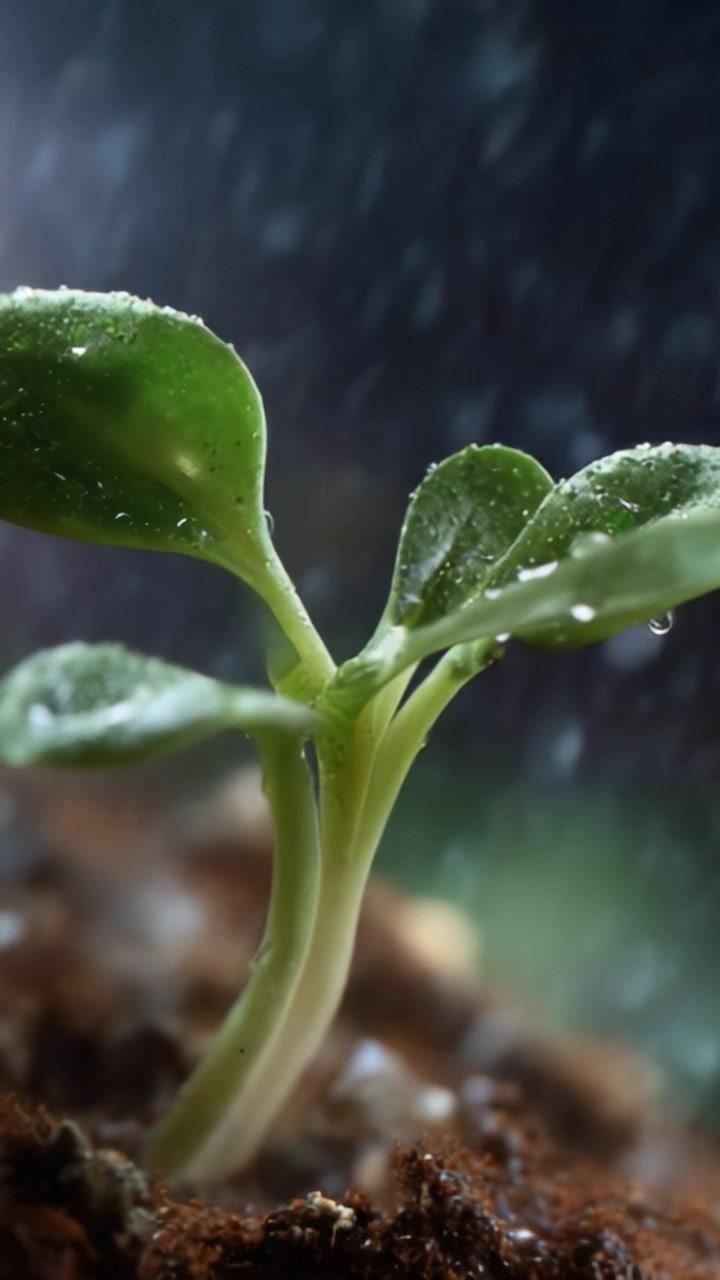 Uma jovem muda verde prospera em meio a uma chuva suave, simbolizando crescimento e novos começos em um ambiente nutritivo cheio de vida e potencial.