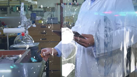 animation of moving clock and networks of connections over biracial male scientist working in lab