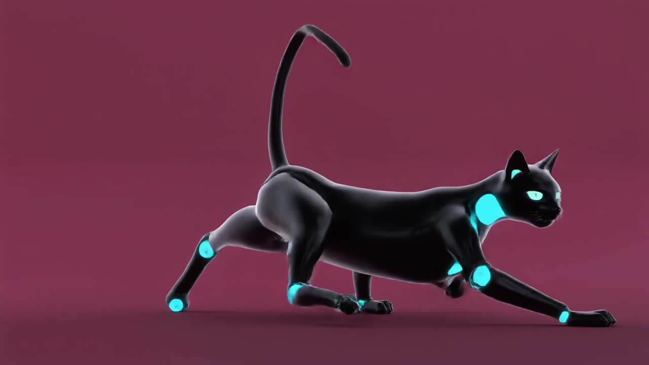Robot gatto nero in CGI con dettagli blu luminosi che esegue movimenti.
